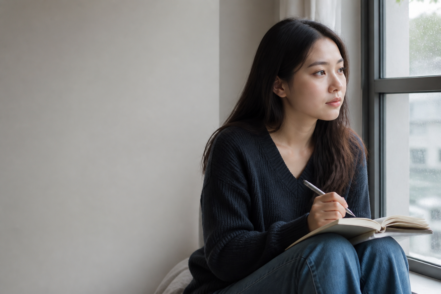 Pensive, calm woman — not sad, not crying