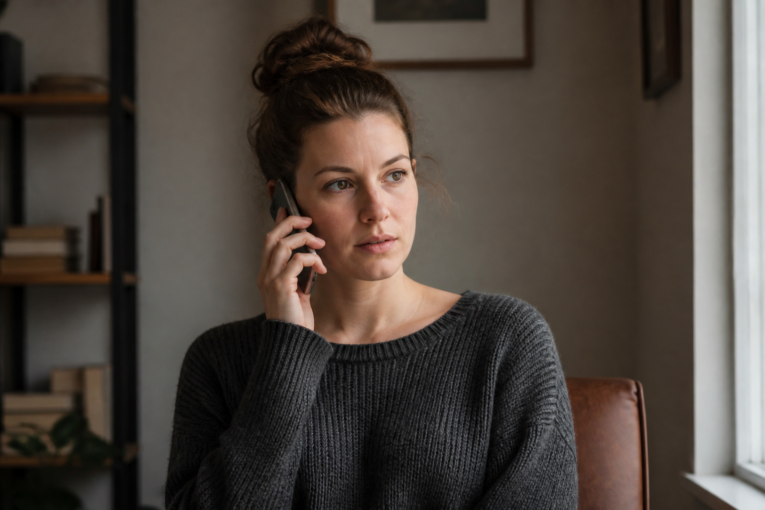 Pensive woman holding a phone to her ear, composed, not crying